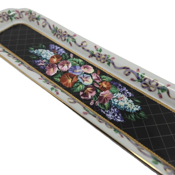 Neiman Marcus Porcelain Letter Opener Tray, Black with Flowers, Gold Trim - Picture 7 of 9
